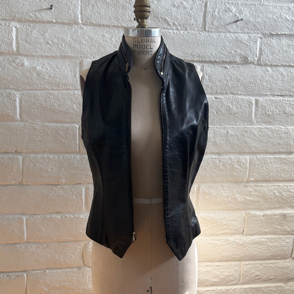 Donna Karan Black Leather Zip-Front Sleeveless Vest